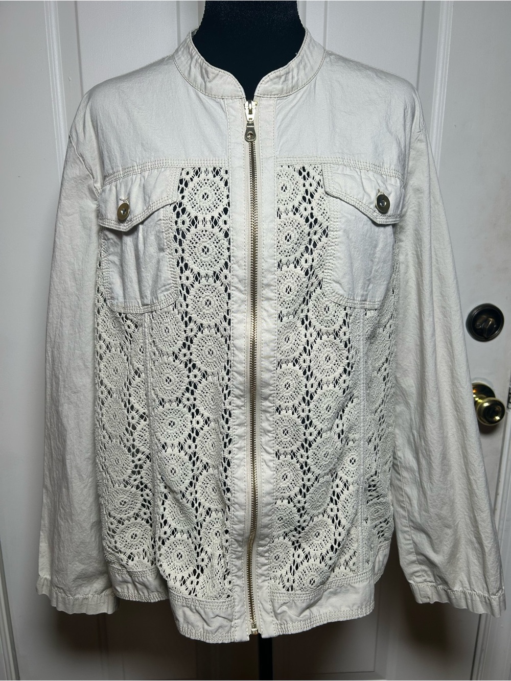 Chico's Cream Crochet Front Zip Jacket